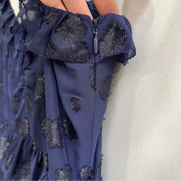 Michael Michael Kors Printed Jacquard Ruffled Midi Dress True Navy Blue Large - Picture 9 of 13